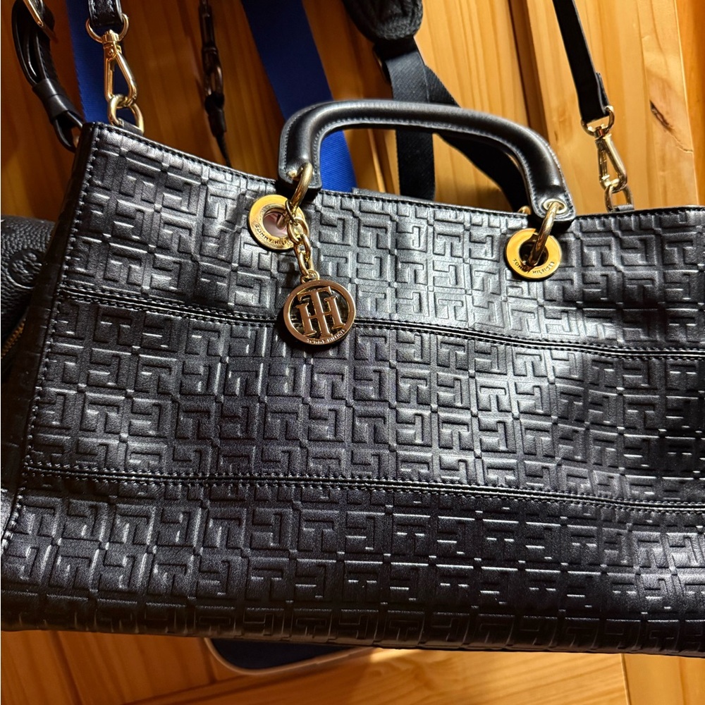 Tommy Hilfiger Black Satchel with Embossed Pattern